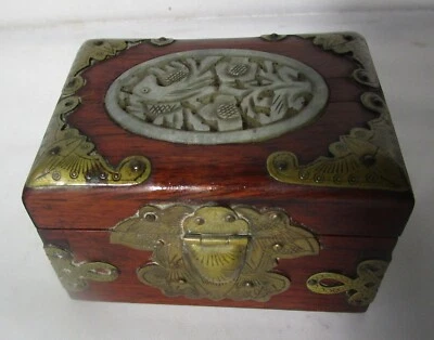 Fine Antique Signed CHINESE Carved Jade, Engraved Bronze & Hardwood Box, c. 1920 - Image 1 of 4