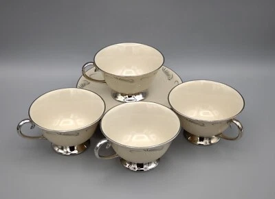 Juego de 4 tazas de té y platillos Flintridge Continental hoja blanca y gris borde platino Foto 1 de 4