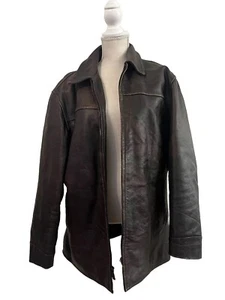 Kenneth Cole New York Brown Leather Jacket LARGE Designer Coat Heavy Lined - Picture 1 of 5