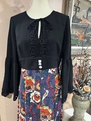 Maxi Vestido Anna Sui Modcloth Retro Estampado Floral Pájaros Talla 10 Foto 1 de 4