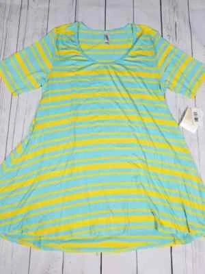 LuLaRoe Perfect T Shirt/Top, Size Medium (NWT Blue Yellow Geometric Striped) - Image 1 of 4