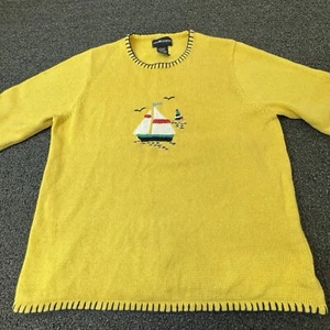 Vintage Sail Boat Sag Harbor Women Large Yellow Knit Sweater Coastal Indie Retro - Picture 1 of 10