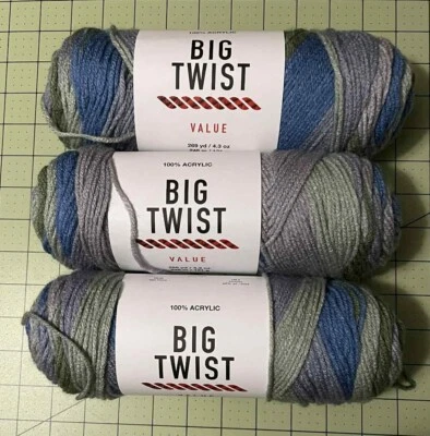 Лот из 3 Big Twist значение пряжи цвет SPA полоски 269 ярдов #4 вес новый - Изображение 1 из 4