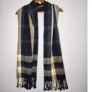 Made in Scotland Stepping Check Cashmere Scarf Black/Yellow Fringe - Picture 1 of 6