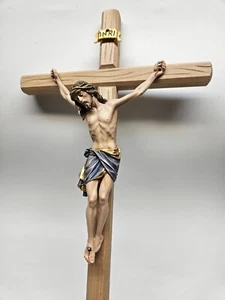 21" Hand Painted & Hand Carved Wall Cross - Beautiful All Wood Crucifix - Picture 1 of 11