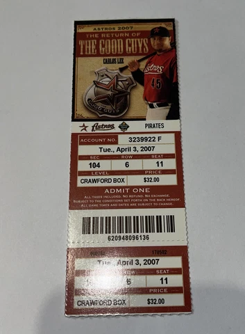 Houston Astros Vs Pittsburgh Pirates Game day ticket Stub. 4/3/2007 Cover
