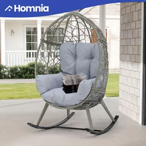 Outdoor Patio Rocking Egg Chairs Rattan Metal Frame Plush Cushions Anti Tipping - Picture 1 of 11