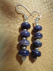 Handcrafted 1.4" Purple Wampum Disc Bead Earrings Deep Purple - Picture 1 of 3