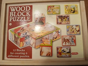 Schylling Wood Cube Puzzle , Vintage , Children Animals , Snow Scene 6 Sided 60s - Picture 1 of 6