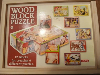 Schylling Wood Cube Puzzle , Vintage , Children Animals , Snow Scene 6 Sided 60s - Image 1 of 4