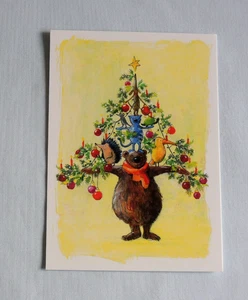1x Postkarten Humor Tiere BAUM Weihnachten Angela Holzmann Bär Igel Vogel Hund - Picture 1 of 2