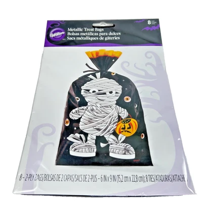 Wilton Halloween Treat Bags Mummy w/Pumpkin Metallic 6x9 Pack of 8 New Old Stock - Image 1 of 4