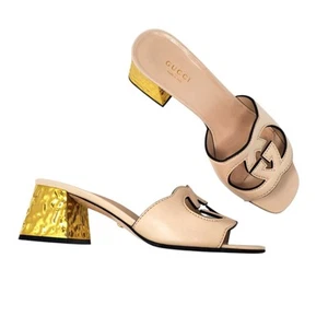 Gucci sandali ad incastro taglio G pelle rosa chiaro tacco oro taglia 37 US 7 - Foto 1 di 11