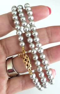 Vintage Danecraft Gray Faux Pearl 1/4" Bead Necklace 23.5" Gold Tone Fish Hook - Picture 1 of 6