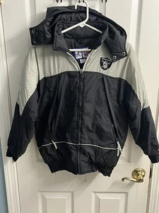 Vintage Logo Athletic Oakland Raiders Puffer Jacket Good Black Gray YOUTH MEDIUM - Picture 1 of 8