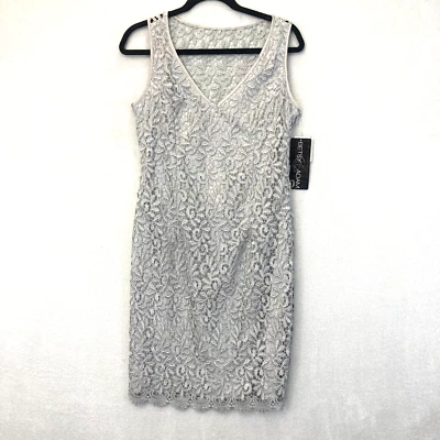 Nuevo con etiquetas $192 Vestido de cóctel de encaje Betsy & Adam talla 10 plateado rodilla boda madre sin usar, en caja Foto 1 de 4