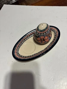 UNIKAT Polish Hand Painted Pottery Salt & Tray Set Poppies - Picture 1 of 4