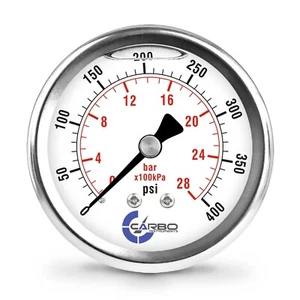 2.5" LIQUID FILLED PRESSURE GAUGE 0 - 400 PSI, STAINLESS STEEL CASE BACK MOUNT - Picture 1 of 6