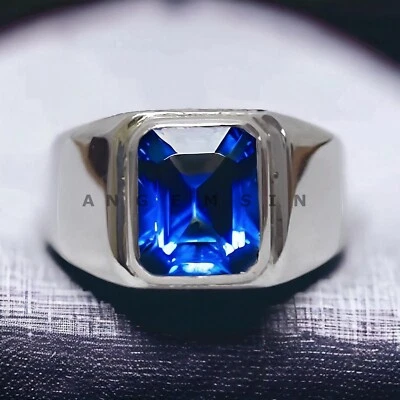 Piedras preciosas de zafiro azul con anillo de plata de ley 925 para hombre #AL335 Foto 1 de 4