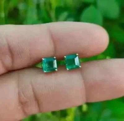2CT Asscher Cut Natural Emerald Solitaire Stud Earrings 14K Yellow Gold Plated - Image 1 of 4