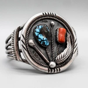 VINTAGE NAVAJO-STERLING SILVER, BISBEE TURQUOISE & CORAL BRACELET by ED KEE - Picture 1 of 6