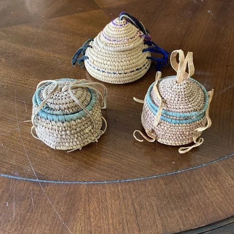 Vintage Small Hand Woven Baskets (3) With Lids Cover