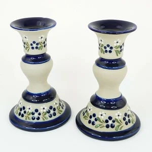 Par de Candelabros de Gres Azul Cobalto Diseño Floral Flores Cerámica 6.5" - Imagen 1 de 7