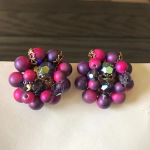 Hermosos Pendientes Racimo Rosa Púrpura Ombré Clip En Racimo Cuentas Declaración - Imagen 1 de 4