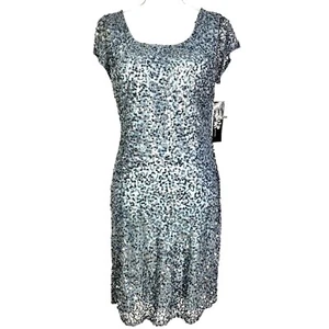Sequin-Embellished Cap Sleeve Cocktail Dress 11 Sheath Mini Scoop Neckline Gray - Picture 1 of 10