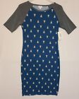 Lularoe Julia Sheath Dress Size S Blue Geometric Body/Gray Sleeves (D2)