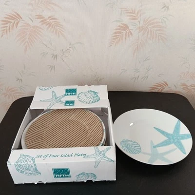 Set Of 4 New in open box 222 Fifth "Coastal Life Blue" 8 3/4" Salad Plates