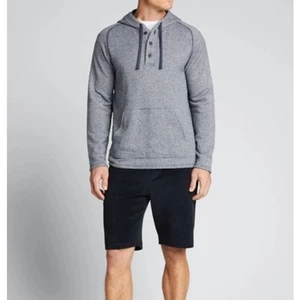 Vince. Small Oversized Fit Coastal Blue Terry Lined Striped Hooded Henley Shirt - Picture 1 of 5