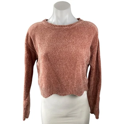 Suéter corto Aqua para mujer rosa tostado chenilla tejido cuello redondo manga larga talla S Foto 1 de 3