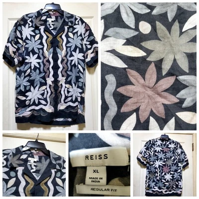 Reiss Shirt Mes XL Black Delphi Linen Floral Print  Button Camp Cuban Holiday - Image 1 of 4