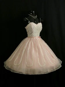 Vintage 1950's 50s PINK Ivory Chiffon Lace Organza Party Prom Wedding Dress S - Picture 1 of 9