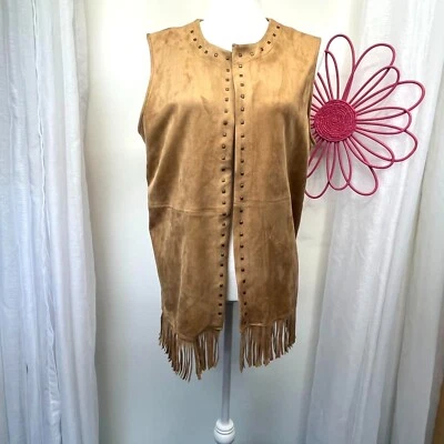 Fringe Faux Suede Open Tunic Vest Cardigan Ladies Size MED Tan Boho Hippie Style - Image 1 of 4