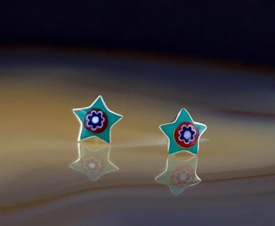 Ohrringe 925 Silber Stern Blume Emaille multicolor Blümchen - hübsch zierlich - Bild 1 von 4