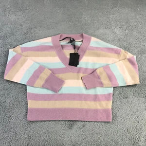 New Naadam Sweater Womens Small Striped Deep V Neck Pullover Blue Pink Purple - Picture 1 of 11