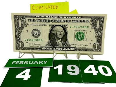 Birthday/Anniversary Dollar February 4 1940 . Fancy Serial Number Circulated - Image 1 of 4