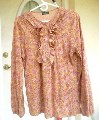 LRL RAPLH LAUREN MARRÓN ROJO ROSA FLORAL VOLANTE M L BLUSA ABOTONADA PINTUCK BEIGE Foto 1 de 4