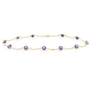 14K Yellow Gold Gemstone Anklet With Round Shape Amethysts 11 Inches - Picture 1 of 3