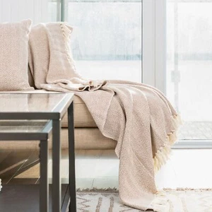 Beige Large, XL & XXL Cotton Traditional Herringbone Chair / Sofa / Bed Throws - Picture 1 of 5