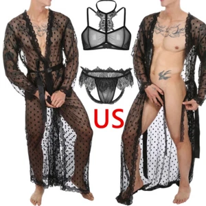 Mens Long Sleeve Pajamas Sleepshirt Silk Lace Night Gown Robe G-String Underwear - Picture 1 of 28