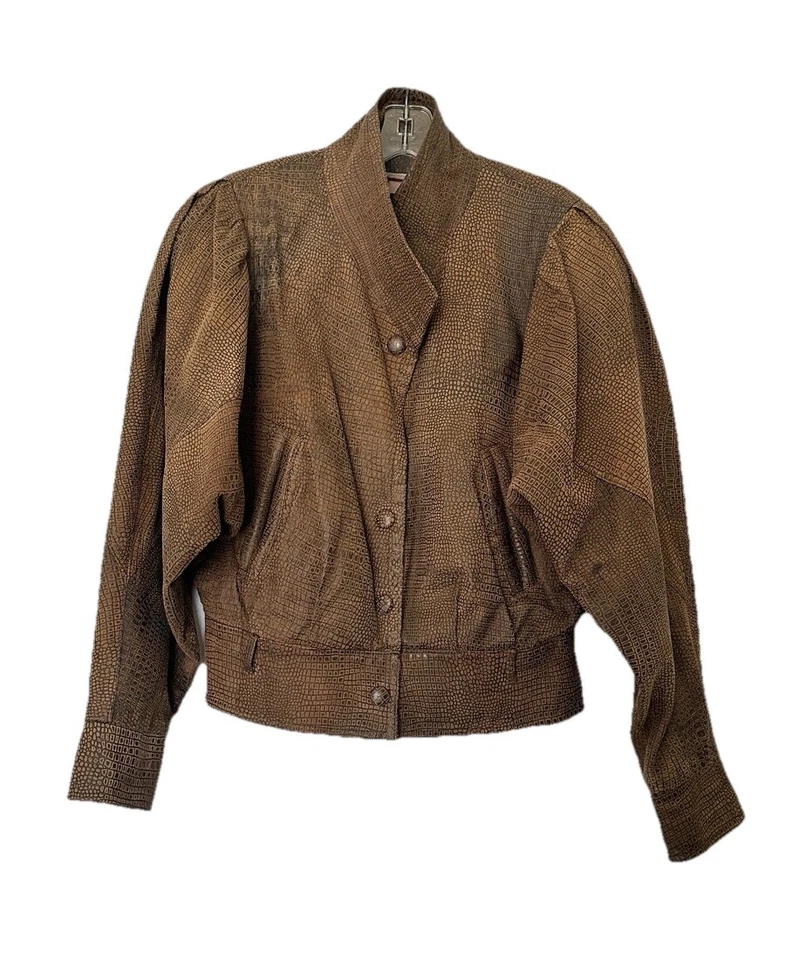 Chaqueta de moto de cuero Bermans vintage para mujer pequeña marrón manga globo serpiente Foto 1 de 4