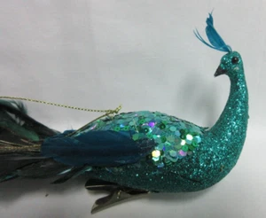 Teal Blue Glitter Sequins Peacock REAL Feather Tail Ornament Decor Holiday - Picture 1 of 6