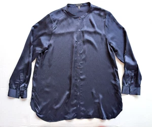 Eileen Fisher Silk Button Down Shirt Womens Large Dark Blue Navy R18HDS - Picture 1 of 6