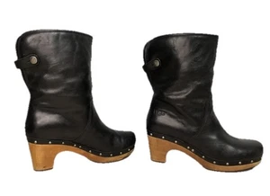 UGG Lynnea Clog Boots Size 9 Black Leather Shearling Lining Wood Heel Fairygoth - Picture 1 of 11
