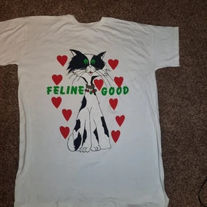 Vintage Cat Kitten Oversized Sleep Shirt  "FELINE GOOD" One Size Pajamas White - Picture 1 of 6