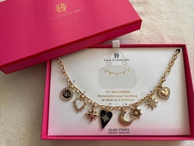 House of Harlow 1960 Bag Charm Necklace Gold Black Heart Stars Moon Rhinestones - Image 1 of 4