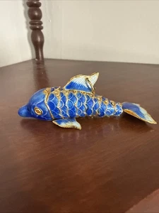Cloisonne Articulated Fish / Dolphin Ornament Blue White Green Gold 5.25” - Picture 1 of 7